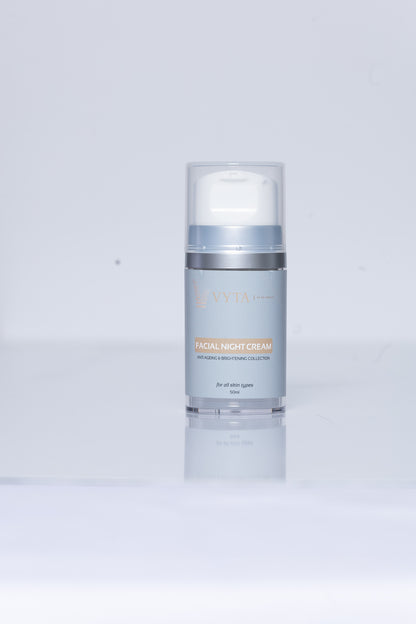 Image of a brightening night cream: A sleek, white jar with a label featuring the product name and benefits, promising to revitalize and illuminate the skin during the night